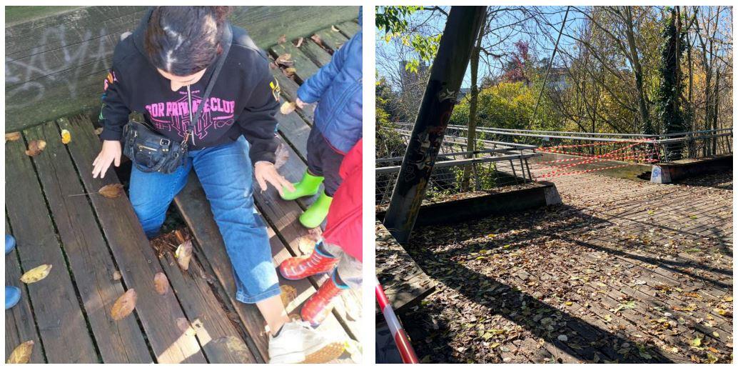 Cede un’asse del ponte di legno sulla ciclopedonale sotto i piedi di maestra e bambini