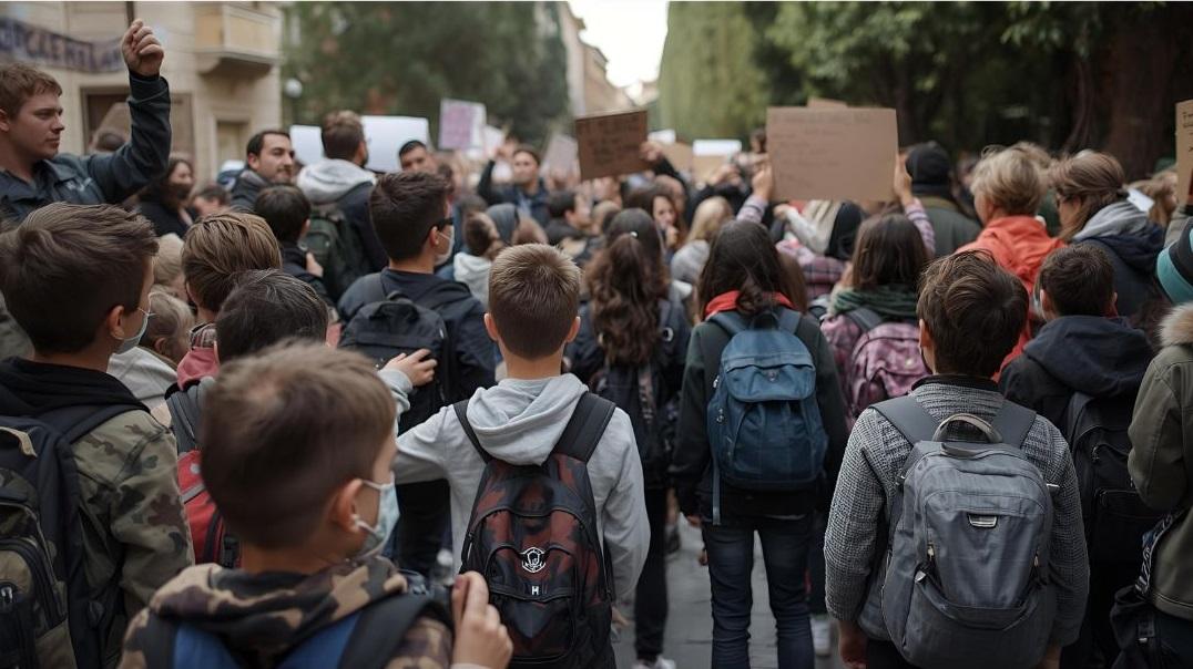Bambini e genitori fuori da una scuola per protesta (foto d'archivio)