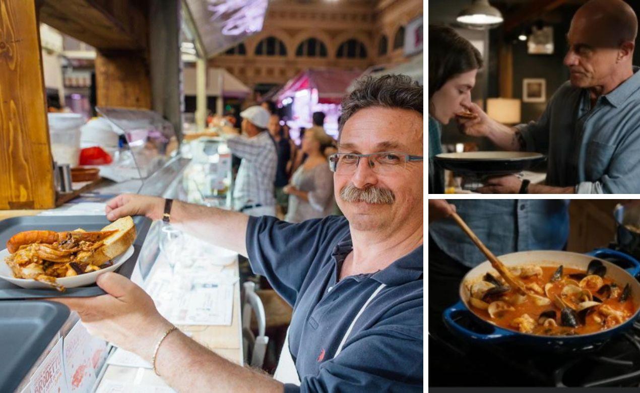 
	A sinistra l'oste livornese Fabio Baroncini (Alle Vettovaglie) con un piatto di Cacciucco secondo tradizione; a destra due frame dell'episodio della serie tv Law and Order in cui si prepara il cacciucco con le vongole

