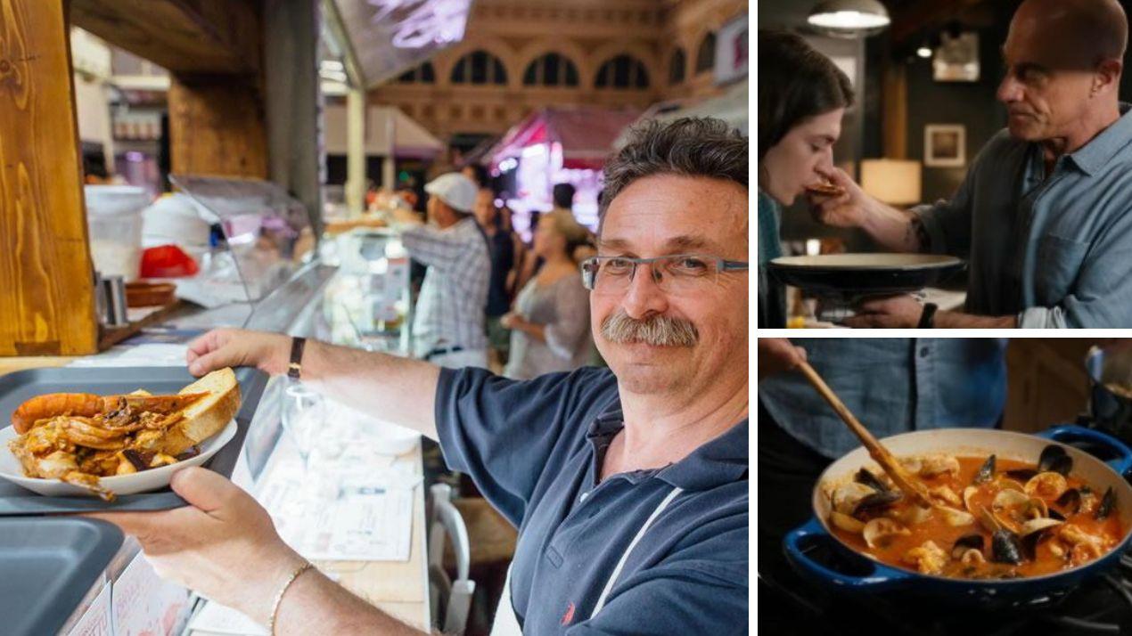 A sinistra l'oste livornese Fabio Baroncini (Alle Vettovaglie) con un piatto di Cacciucco secondo tradizione; a destra due frame dell'episodio della serie tv Law and Order in cui si prepara il cacciucco con le vongole