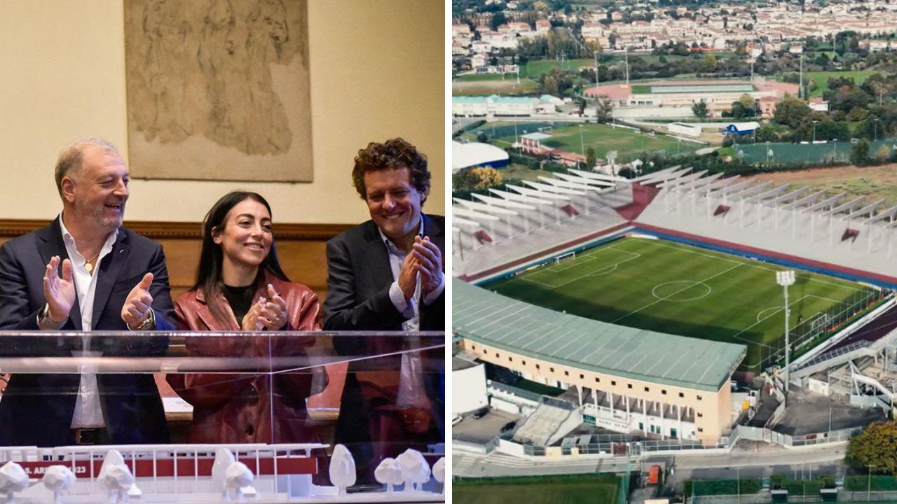 Il rendering dello stadio (dal club amaranto) e un momento della conferenza