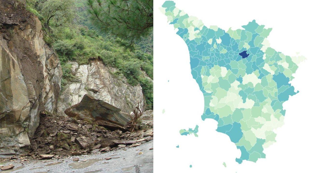 Alluvioni: nella mappa a dx la popolazione toscana a rischio secondo il Rapporto Ispra 2024