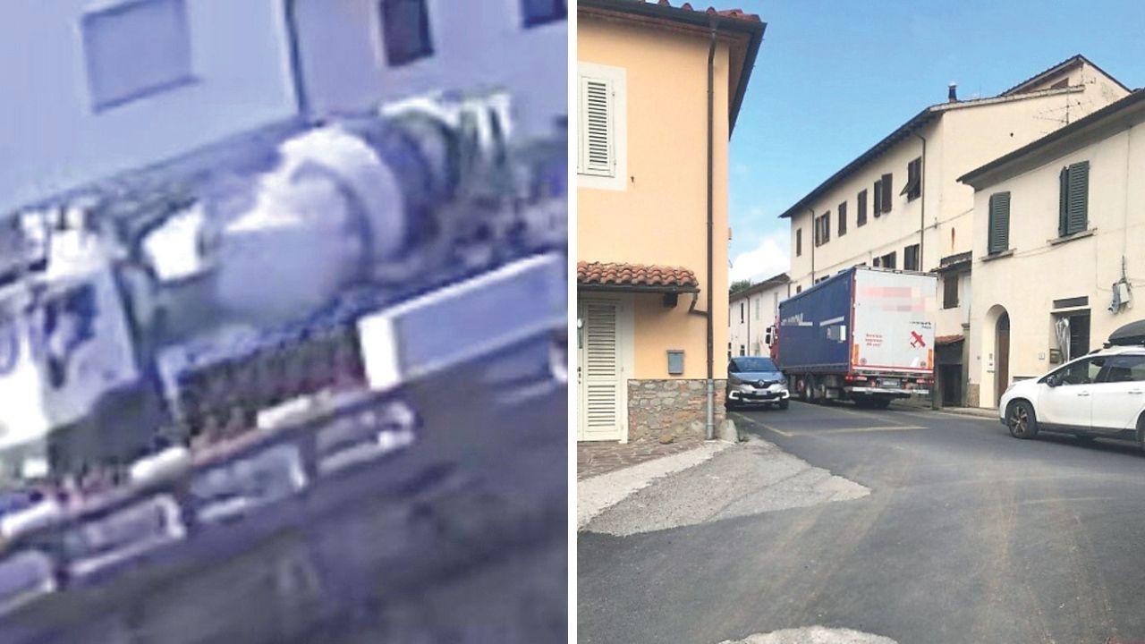 
	Una betoniera inquadrata dalla telecamera di un&rsquo;abitazione, a dx&nbsp;un tir passa sul ponte nonostante il divieto

