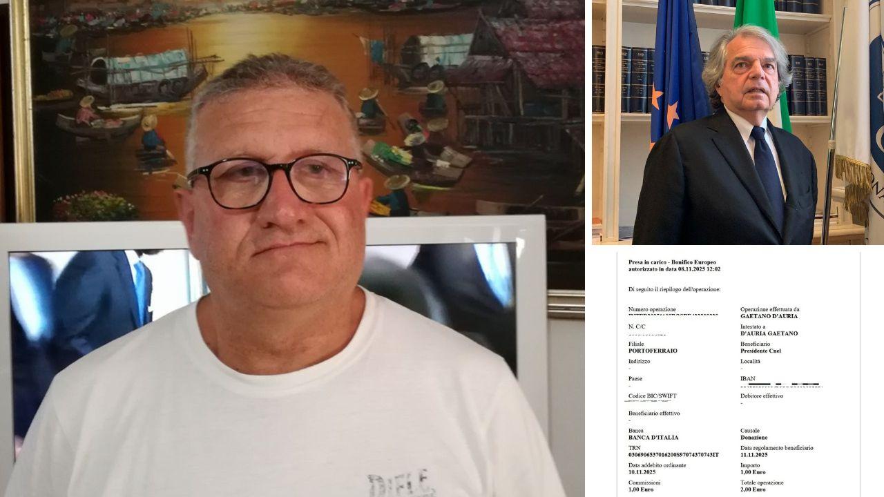 A sx Gaetano D’Auria, dall'alto Renato Brunetta e la ricevuta del bonifico