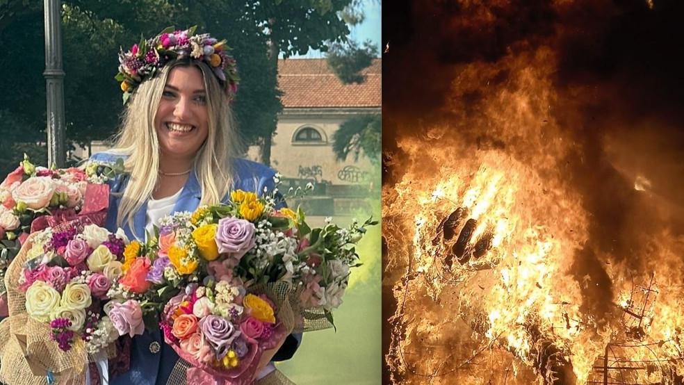 Valeria Pirisinu dopo la laurea e, a fianco, il rogo di Re Giorgio