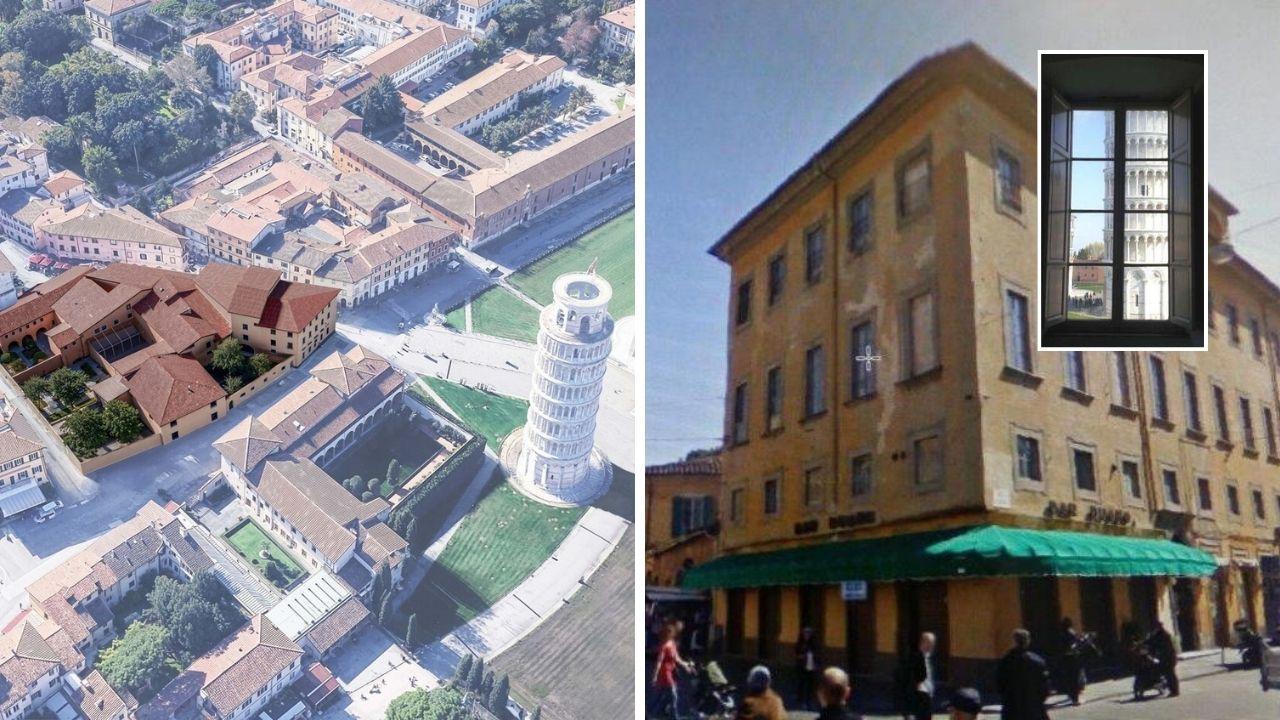 Il palazzo dei Trovatelli evidenziato sulla mappa, a dx l'immobile e la vista Torre da una delle camere