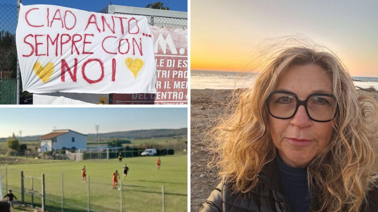 Antonella Fontana, mentre a sinistra lo striscione e la sua casa