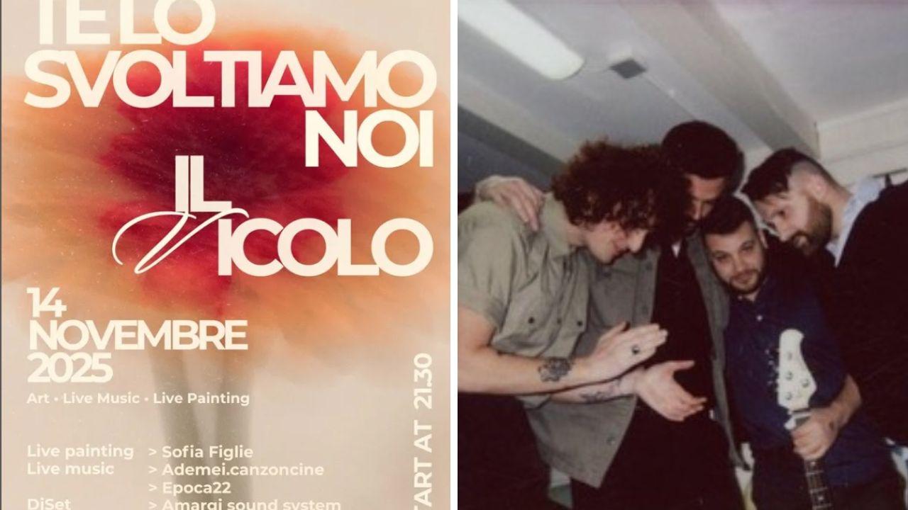 La band in una foto di Gabriele Martoni; la locandina dell'evento