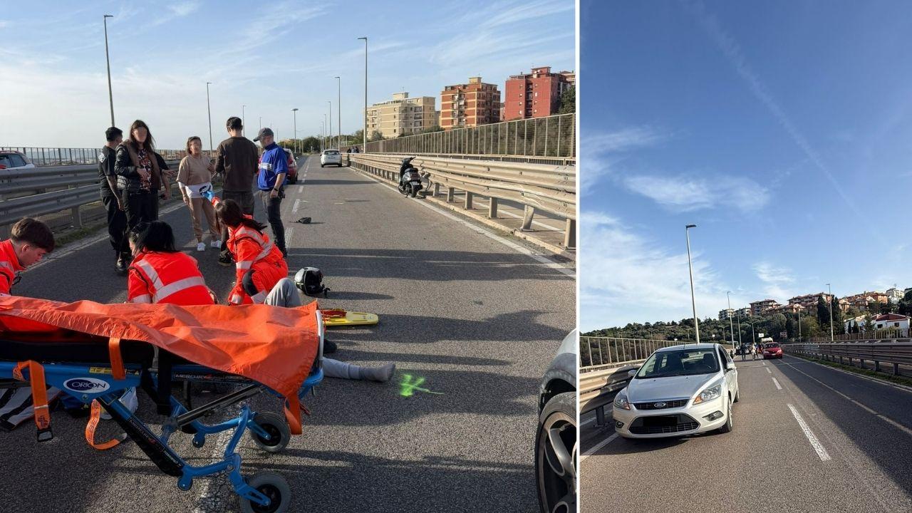 Paura sul viadotto: minorenne cade dallo scooter, due auto si scontrano per evitarlo