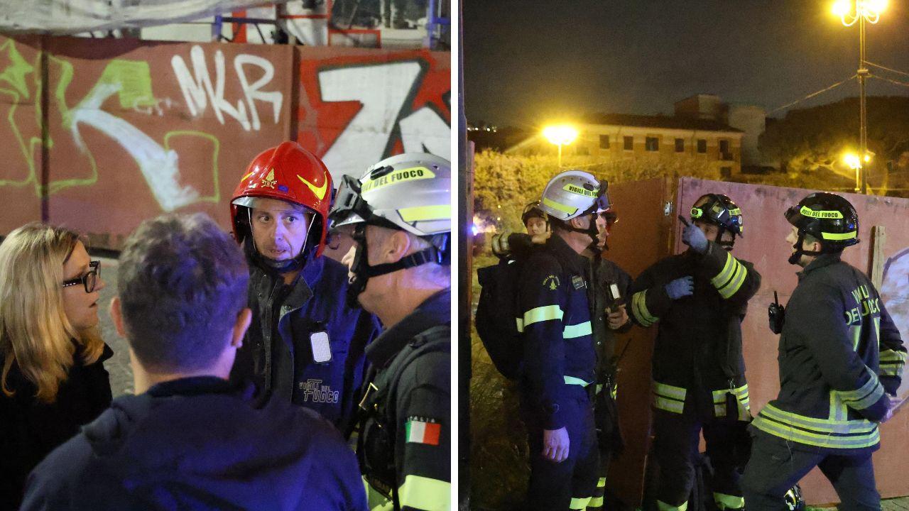 A sx la sindaca Serena Arrighi con i vigili del fuoco davanti al Politeama, a dx i vigili del fuoco che si coordinano per le verifiche