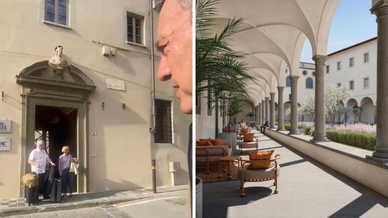 A sx Torelli che mostra i turisti uscire con i trolley dalla Calza, a dX una delle foto del resort pubblicate su Booking.com