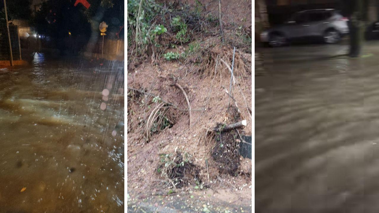 
	Al centro la frana in strada; a lato due immagini della pioggia di sabato sera (foto da Facebook)

