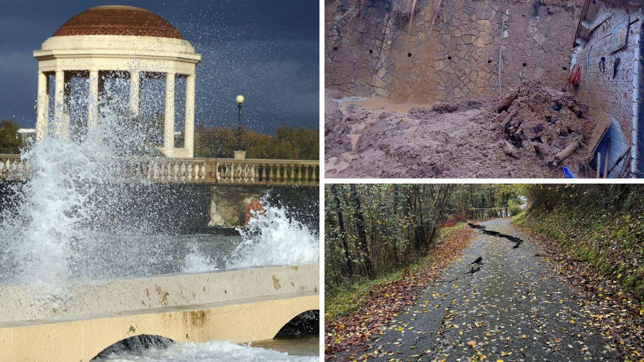 Terrazza Mascagni a Livorno (foto Stick); la frana a Pietrasanta (foto vigili del fuoco) e quella in Lunigiana