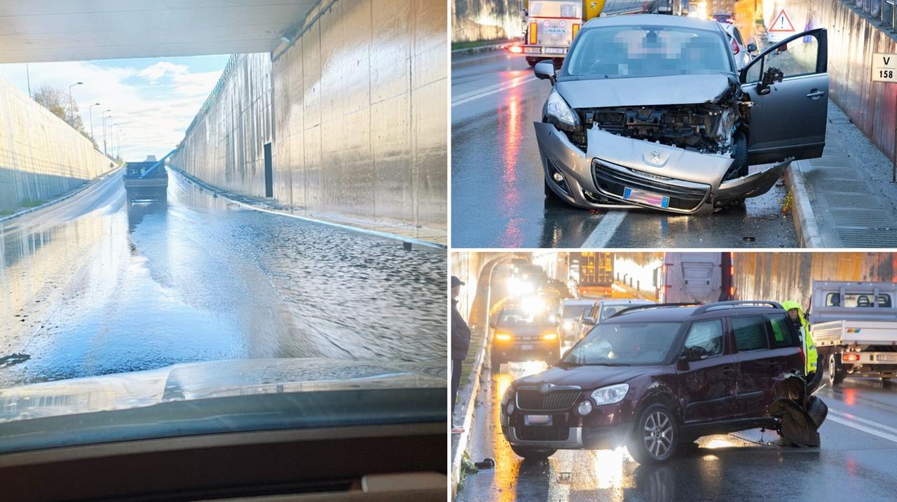 Frontale tra due auto in via Emilia Ovest: «Il sottopasso era pieno d’acqua»