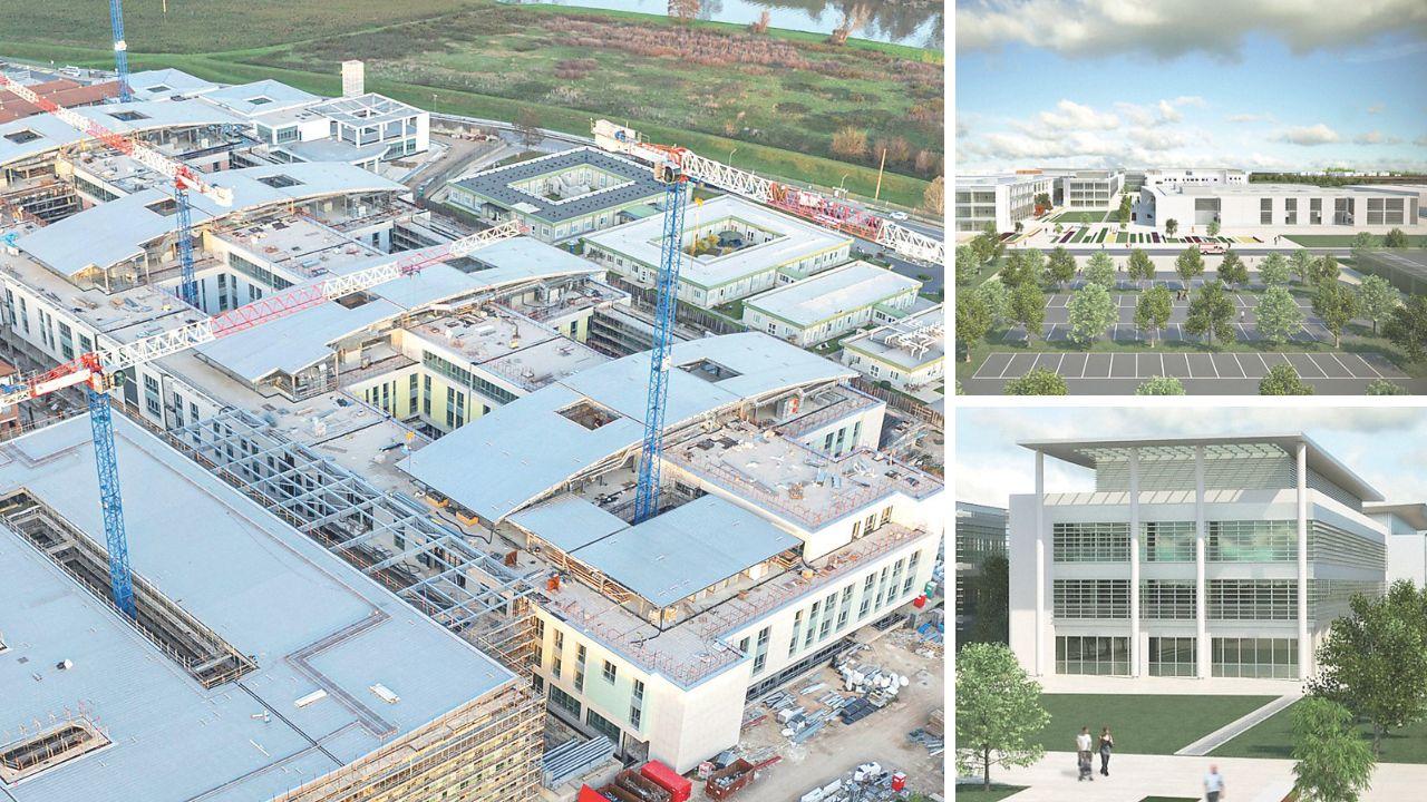 Una parte del grande cantiere in corso a Cisanello, a dx due simulazioni grafiche degli edifici destinati all’area medica dell’Università
