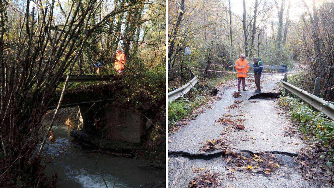 Il cedimento del ponte e, a destra, il sopralluogo del sindaco (foto Cuffaro)