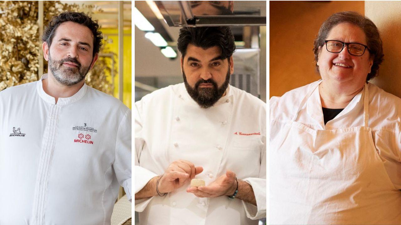 
	Da sx gli chef Giuseppe Mancino (Il Piccolo Principe), Antonino Cannavacciuolo (Laqua Vineyard) e Valeria Piccini (Caino)

