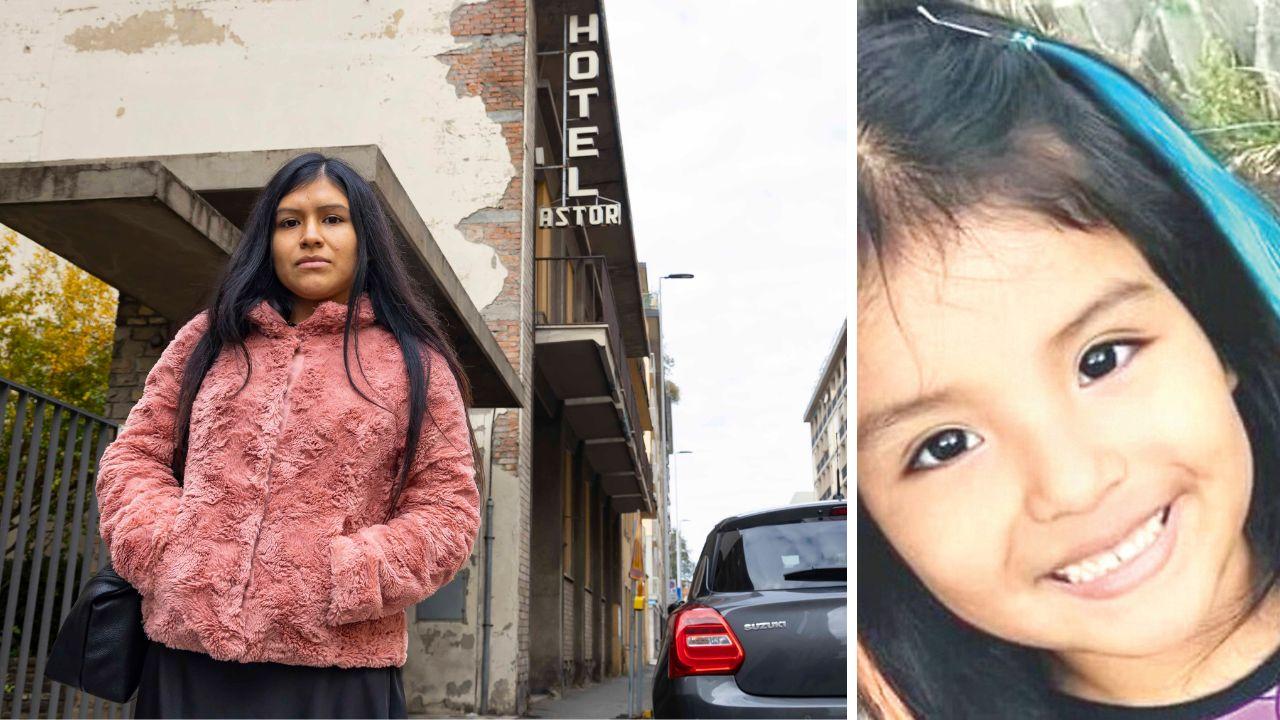 
	La madre della bambina davanti all&rsquo;ex hotel Astor dove la figlia fu vista l&rsquo;ultima volta, a dx la piccola Kata

