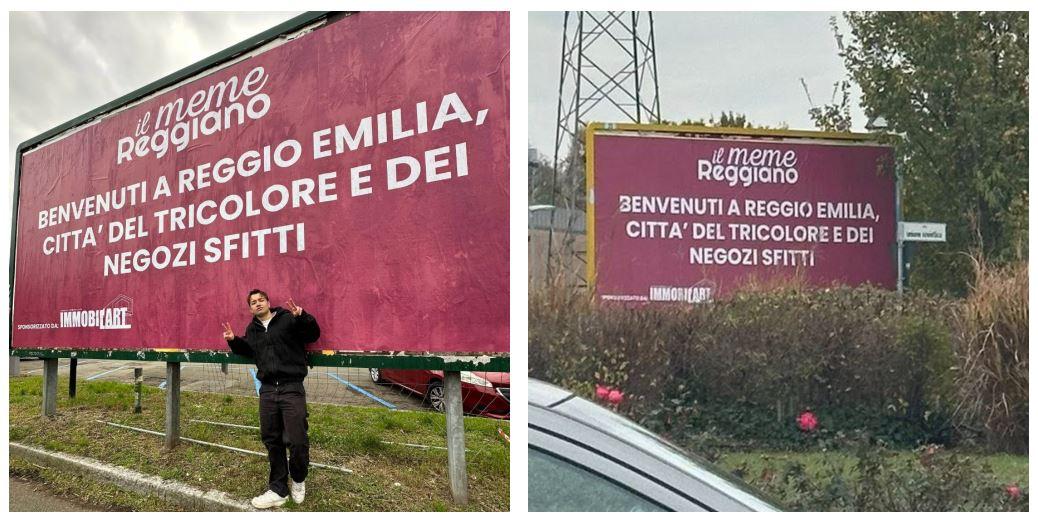 «Benvenuti nella città dei negozi sfitti». Il cartellone provocazione del Meme Reggiano: «No, non mi ha pagato nessuno»