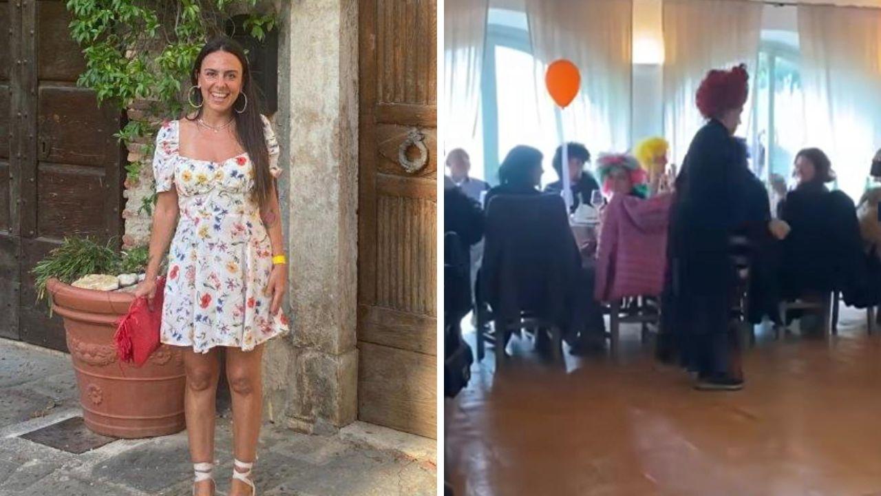 A dx Irene circa un anno fa, a sx un frame del video in cui balla con protesi e parrucca