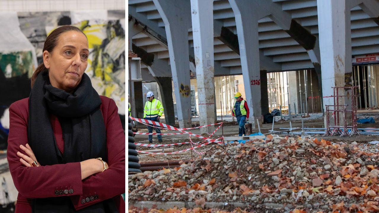 I lavori allo stadio Franchi (foto Sestini) e la sindaca di Firenze Sara Funaro