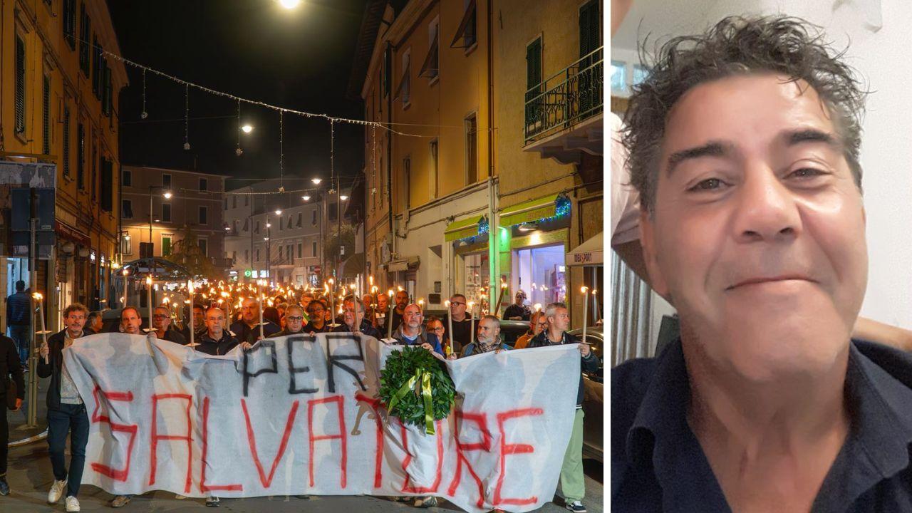 La fiaccolata per Salvatore Parlato promossa dai sindacati (foto Lorenzo Manzini), a dx la vittima