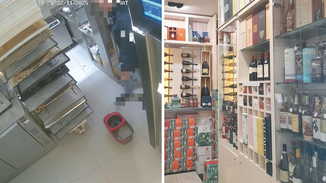 A sinistra il ladro all'interno del locale; a destra gli scaffali svuotati