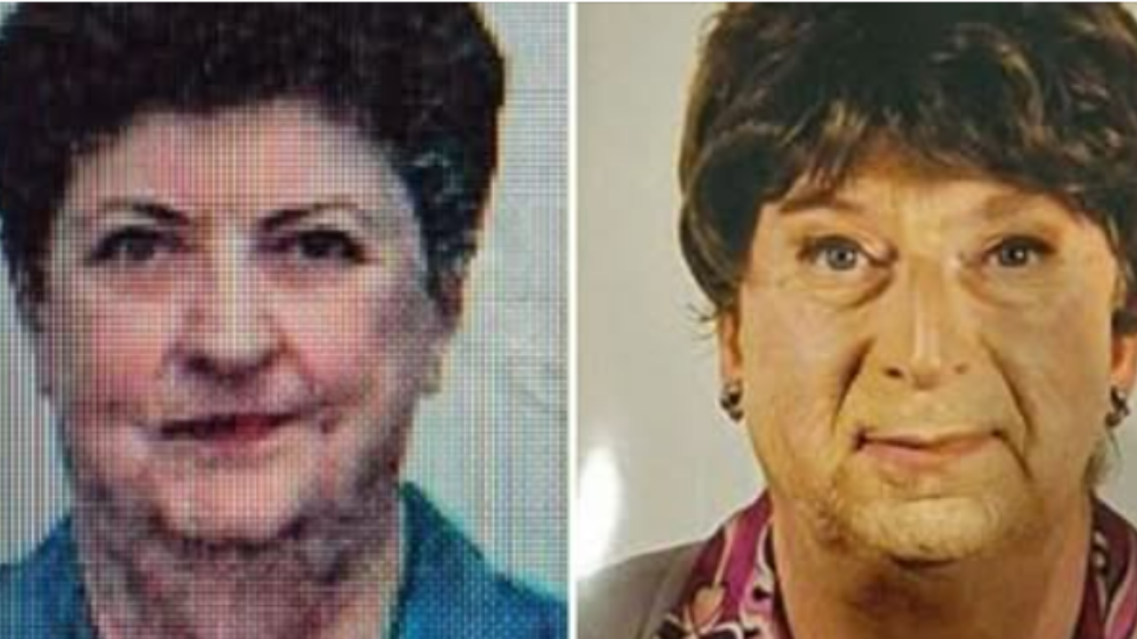 (a sinistra la foto della donna deceduta, a destra il travestimento del figlio)