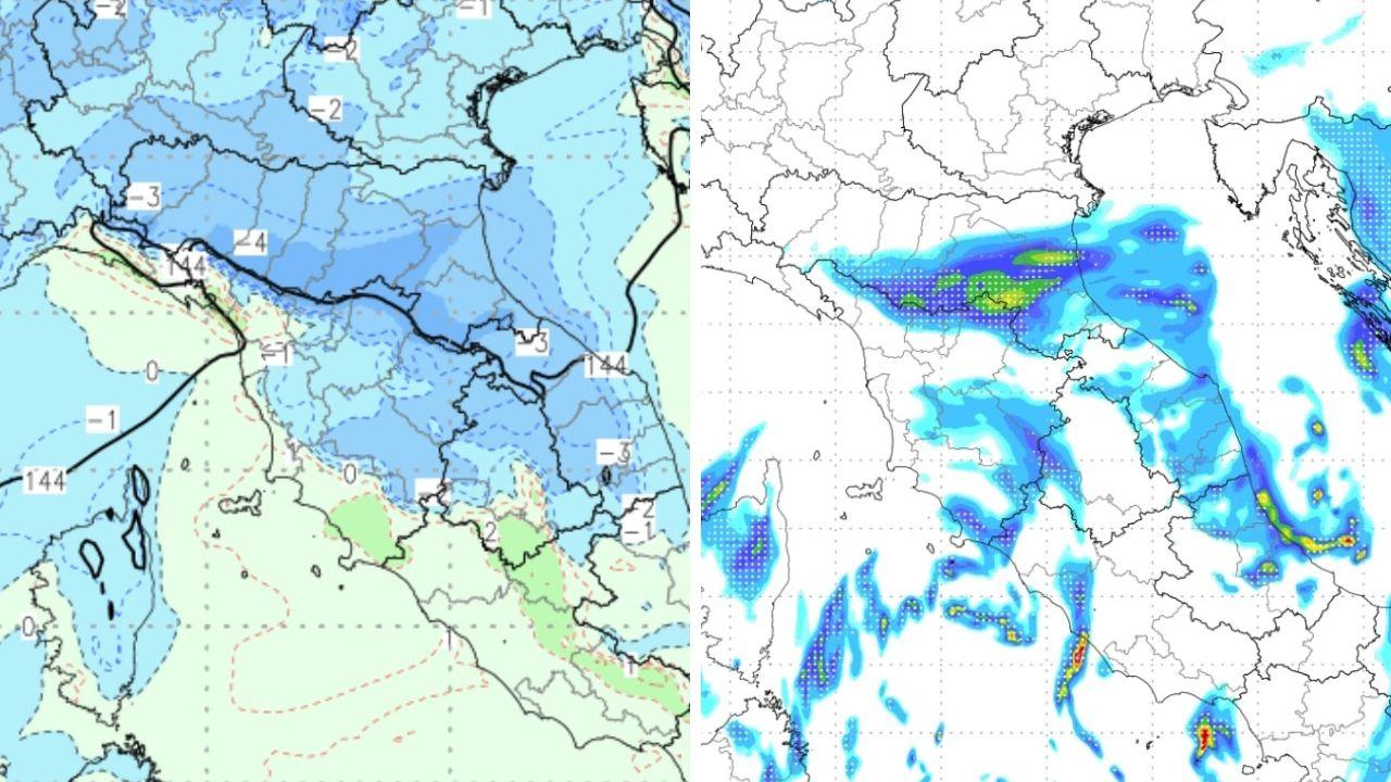 
	A sinistra il freddo di gioved&igrave; 27 novembre; a destra le precipitazioni di mercoled&igrave; 26 (Elaborazione Cmt)

