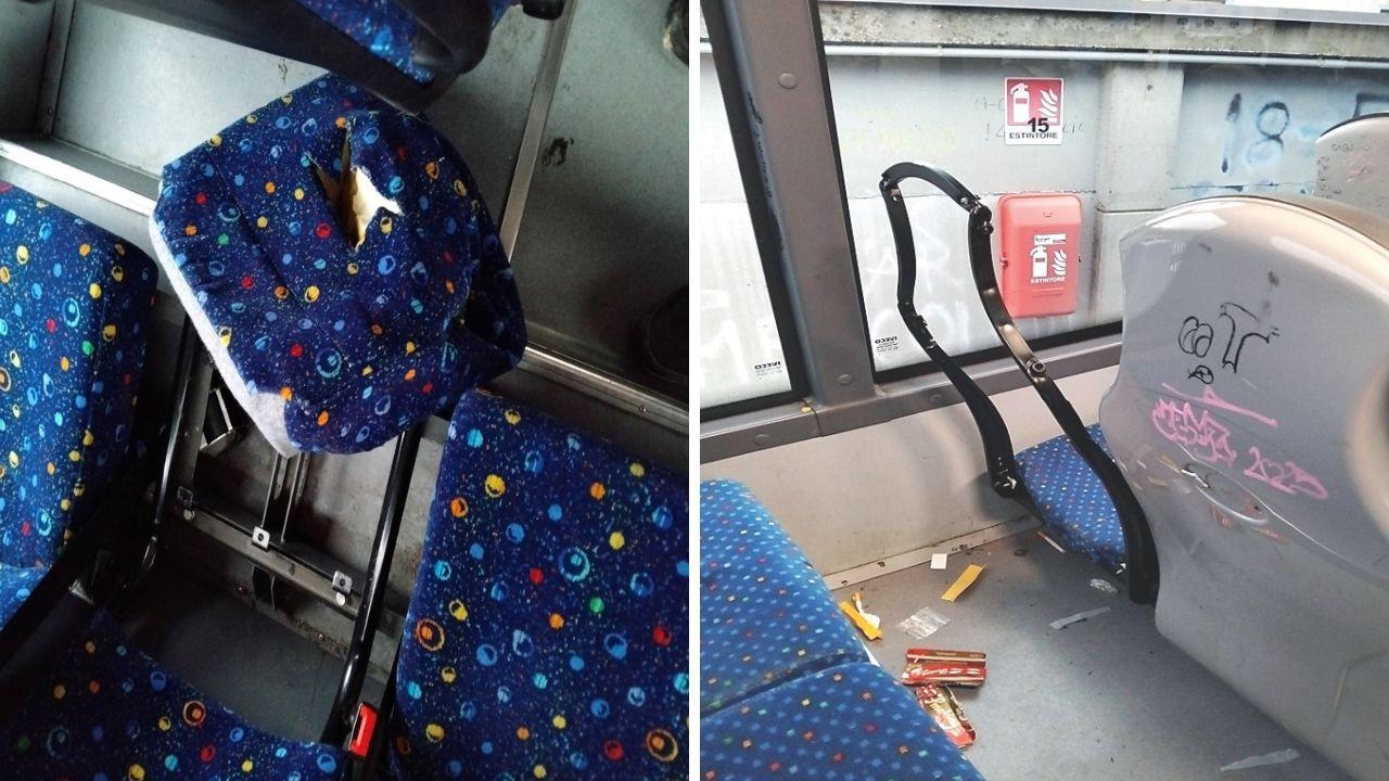 Un seggiolino danneggiato e sporcizia sul bus