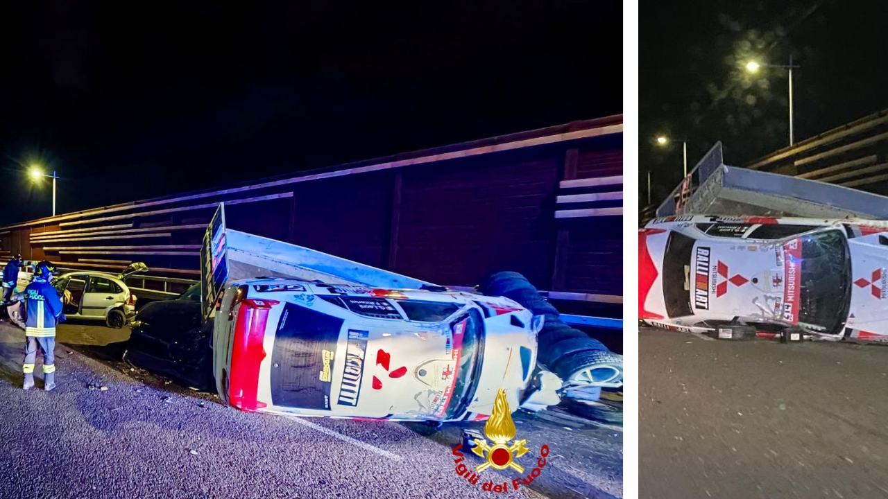 Mezzo che trasportava un’auto da rally si ribalta e travolge altri due veicoli