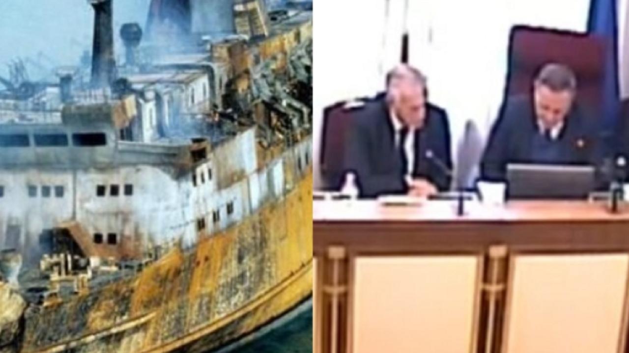A sinistra il Moby Prince distrutto dalle fiamme. A destra Piero Neri in audizione accanto al presidente della commissione d'inchiesta, Pietro Pittalis