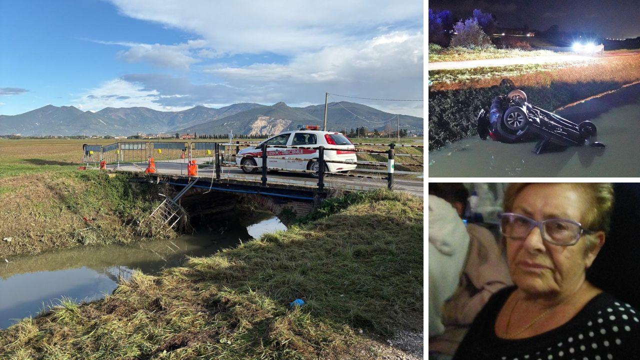 
	Il ponte in cui &egrave; avvenuto l'incidente, la macchina nel canale e la vittima Maria Albanese

