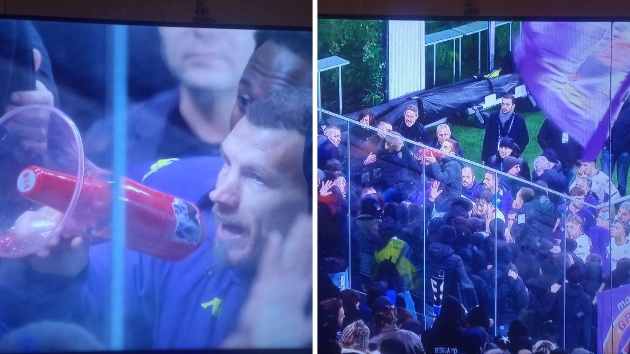 
	Dzeko a colloquio con la curva a Bergamo (Credit: Sky)

