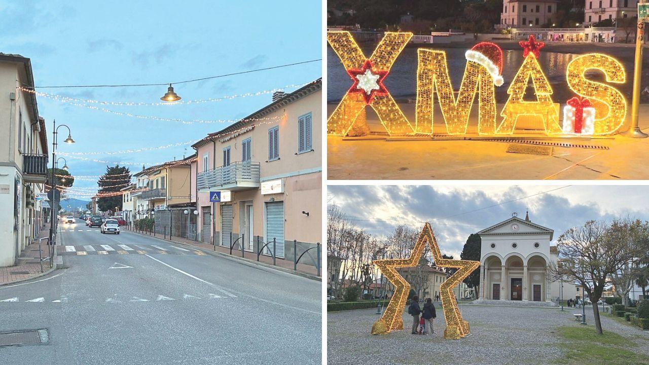 La luminaria installata a Vada (foto Falorni/Stick), a dx la scritta a Caletta, sotto, la piazza di Vada