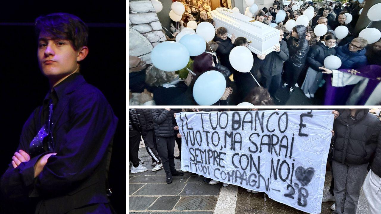 Il giovane scomparso e alcune immagini del funerale (foto Nucci)