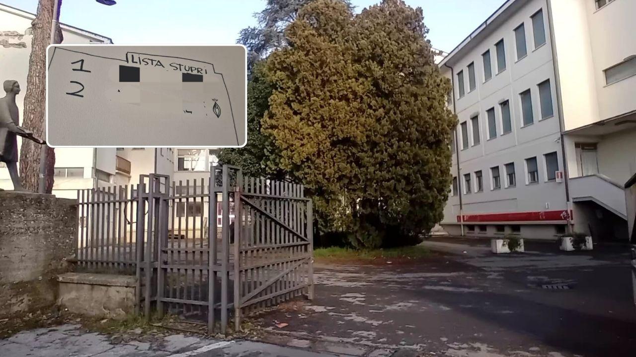 L’ingresso del liceo Vallisneri di Lucca e nel riquadro la lista degli stupri