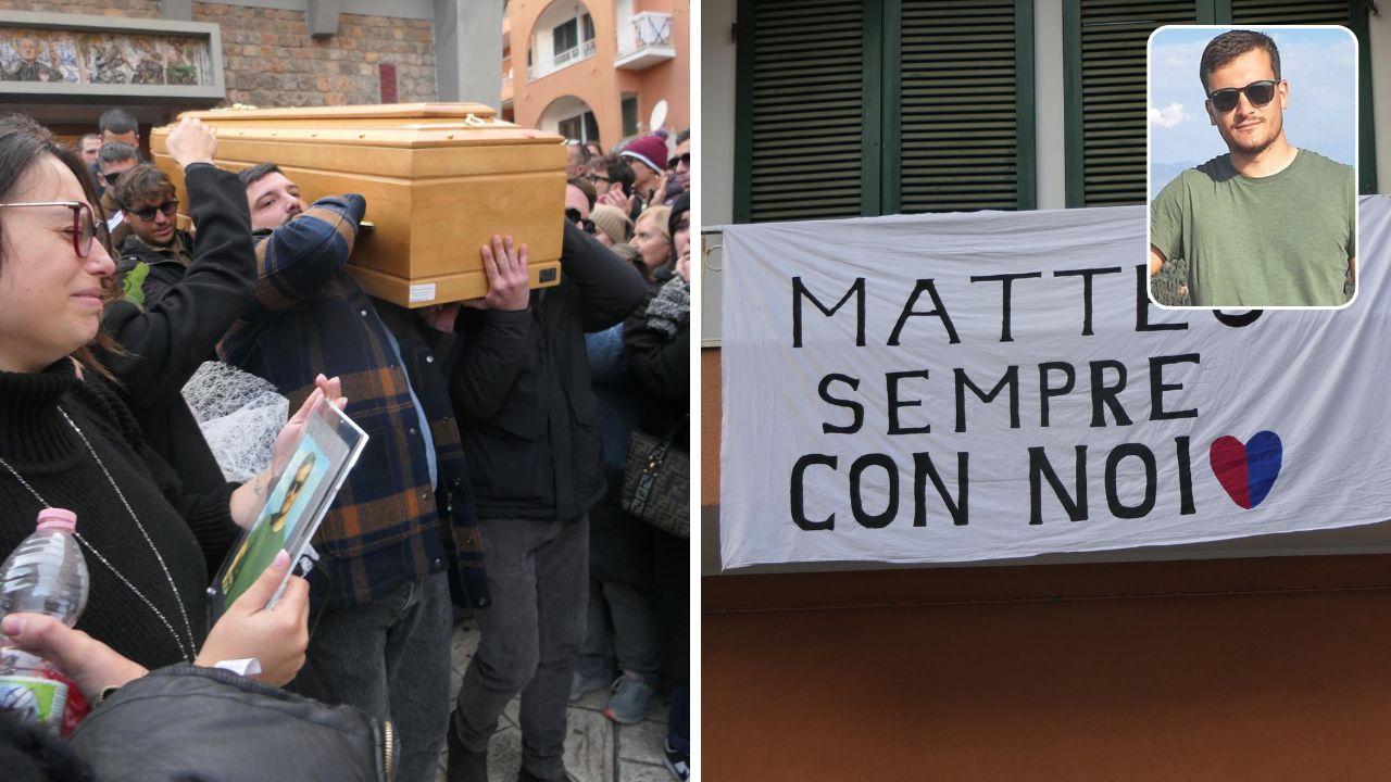 Il 29enne scomparso, un momento del funerale e lo striscione (foto di Enzo Russo)