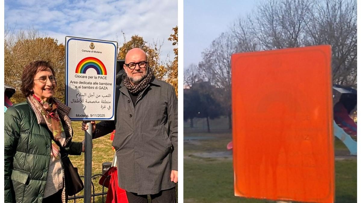 Il sindaco al momento dell'inaugurazione e la targa imbrattata al parco Amendola