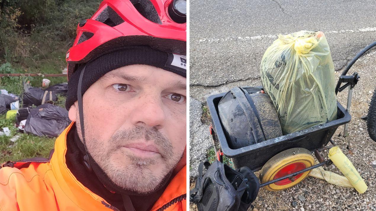 Livorno, Mr Green al Cisternino raccoglie oltre 4 chili di rifiuti. E li carica sulla bici