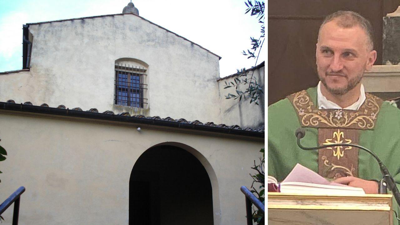 La chiesa di San Prospero a Cambiano: nei locali adiacenti è avvenuta la fuga di gas. A dx don Leonardo Tarchi, amministratore della parrocchia