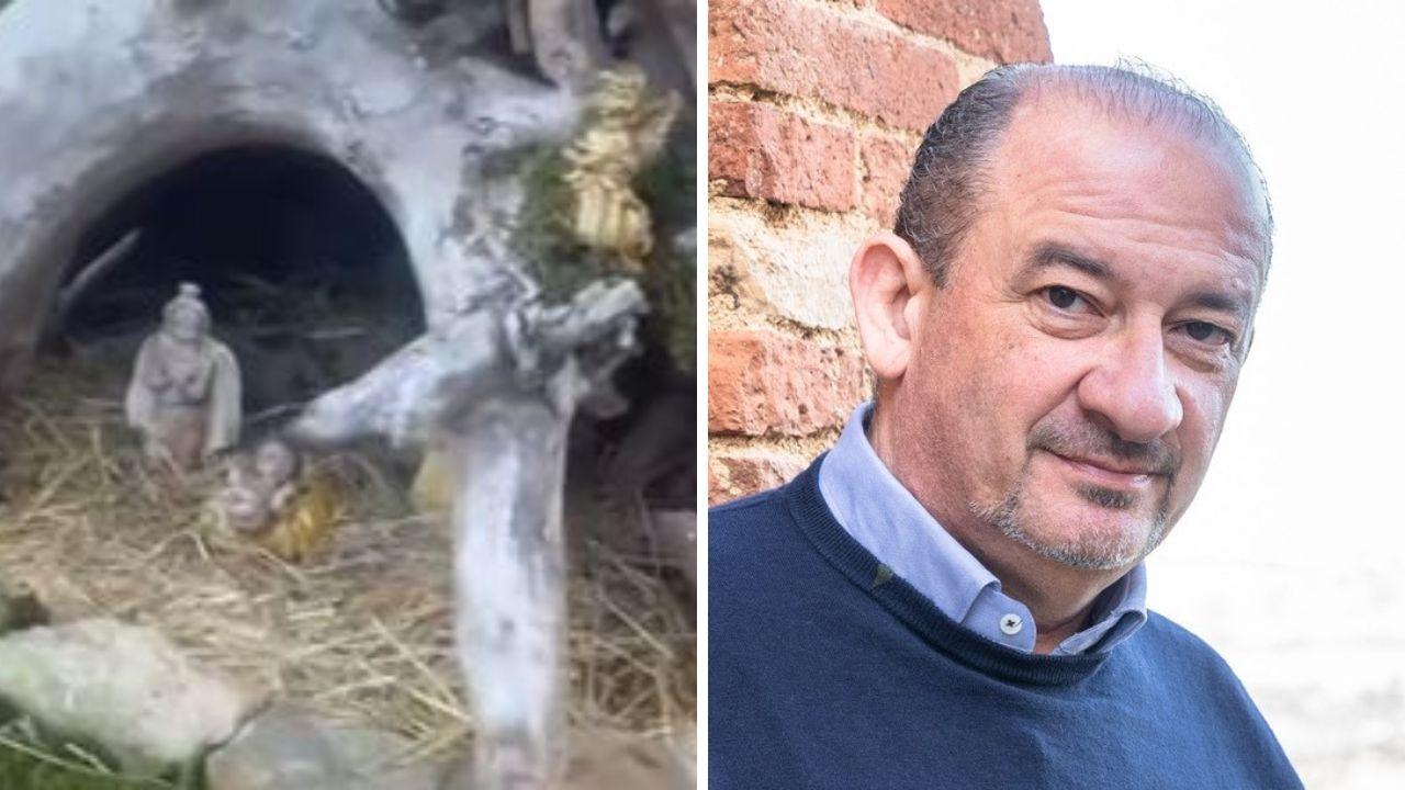 Il presepe danneggiato e il sindaco Gabriele Fusini