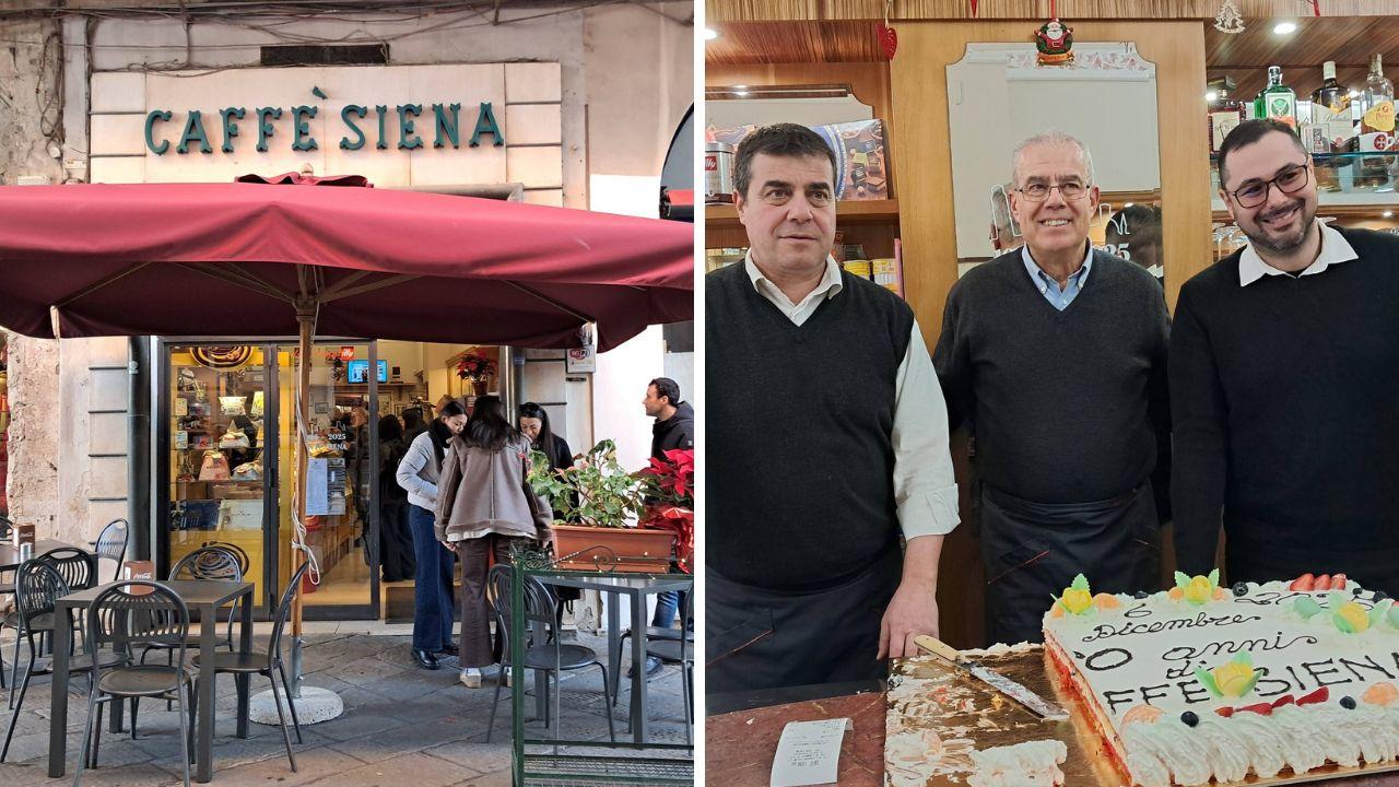 Il Caffè Siena visto da via dei Banchi, a dx la famiglia Siena che gestisce l’attività