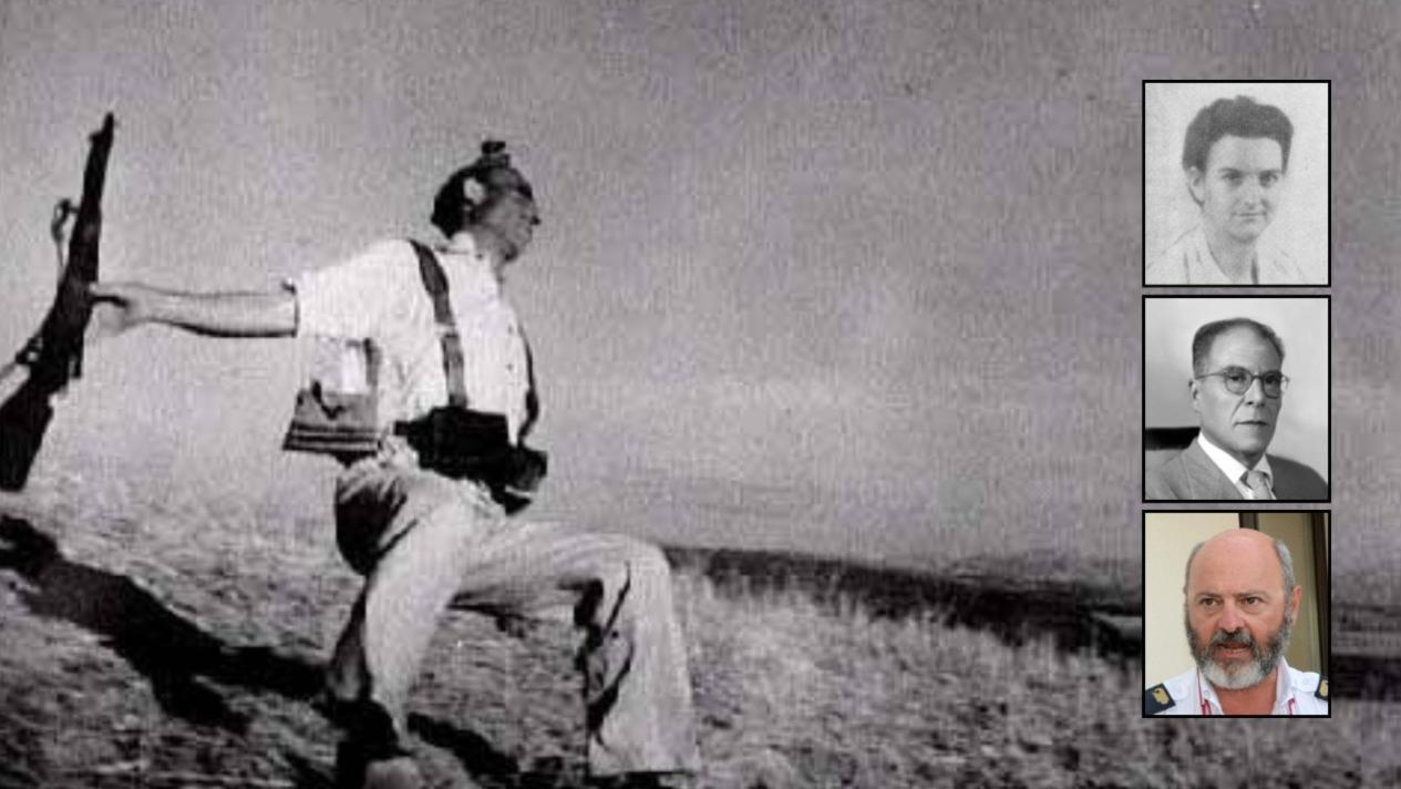 Nei riquadri, dall'alto, Nadia Gallico, Velio Spano e Vasco De Cet. Sullo sfondo la celebre foto di Robert Capa scattata in Spagna