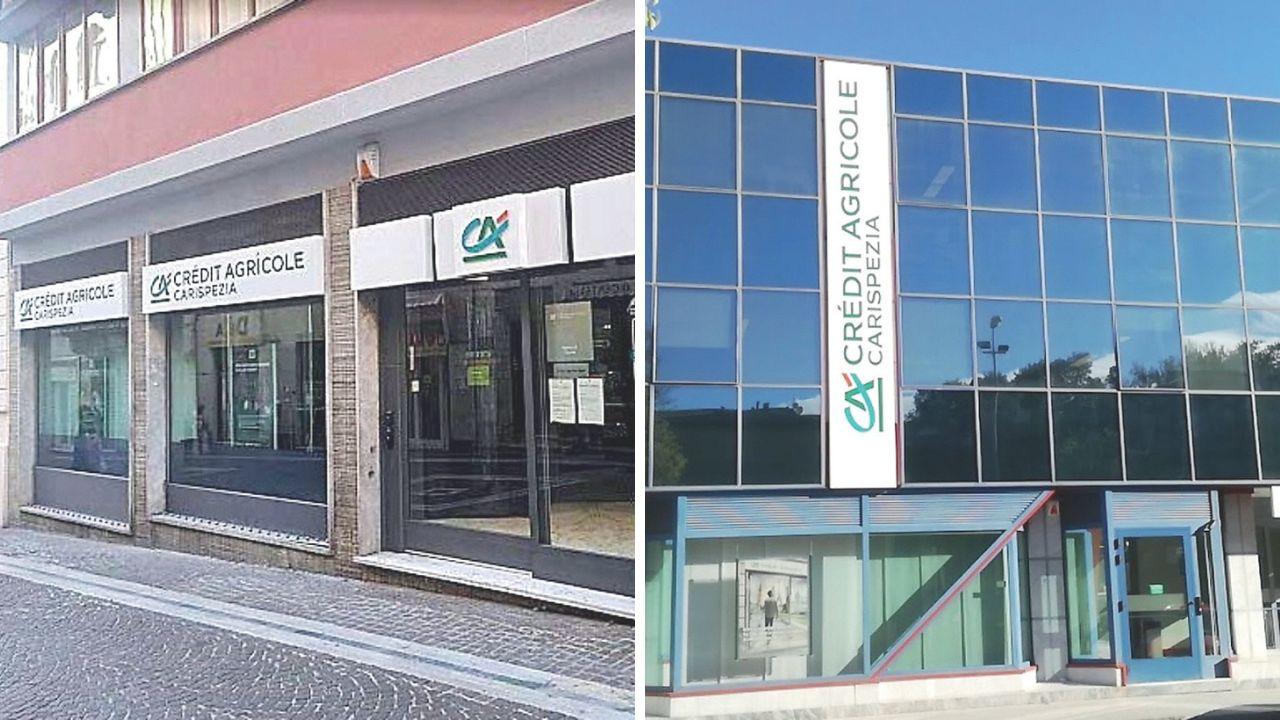 A sx la filiale di via Roma di Crédit Agricole che chiuderà, a dx (nella foto d’archivio) lo sportello di Marina di Crédit Agricole che rimane al servizio dei clienti
