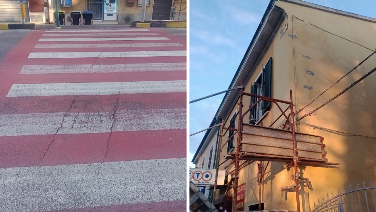 
	A sx le strisce avvallate a Stagno, a dx&nbsp;la casa danneggiata dalle vibrazioni

