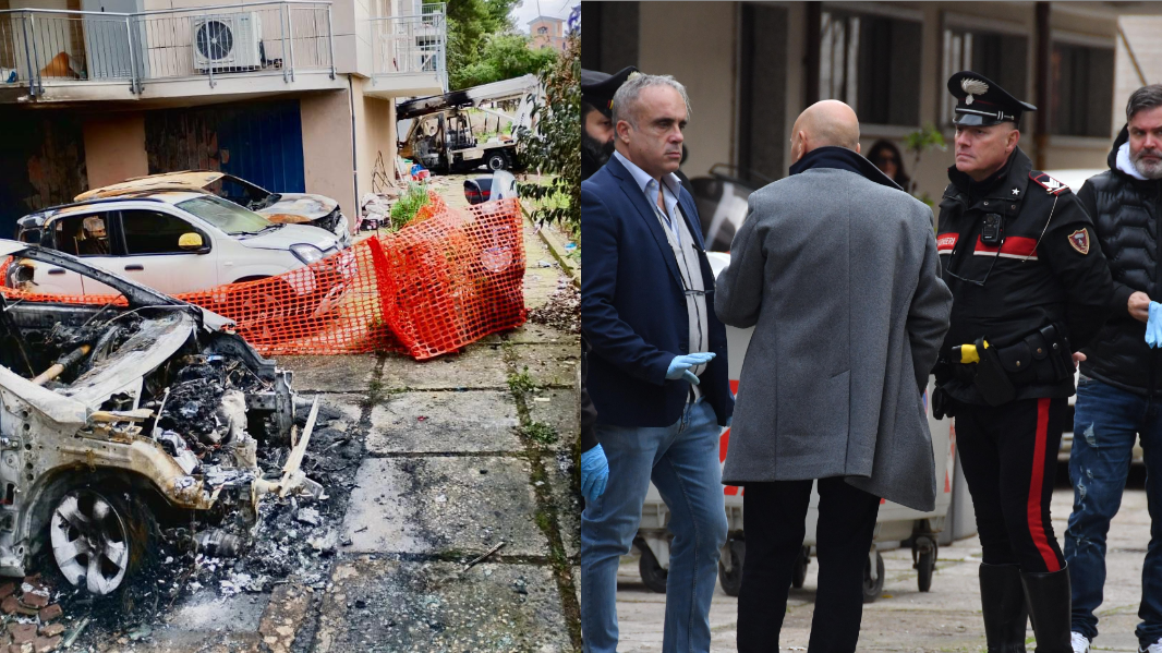 Una immagine del rogo e accanto, di spalle, Vladimiro Cabizza