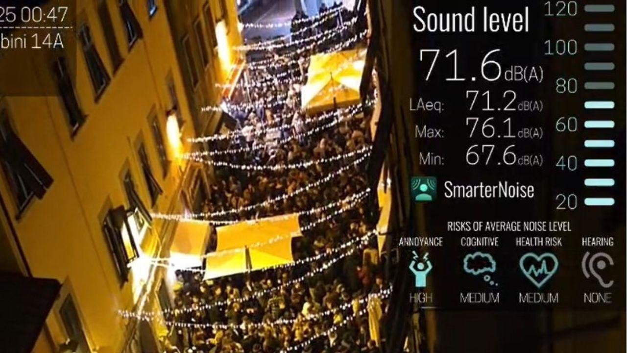 Un fermo immagine di un video realizzato venerdì 20 dicembre prima dell'una di notte dal comitato Modì con un’app per smartphone capace di rilevare il rumore