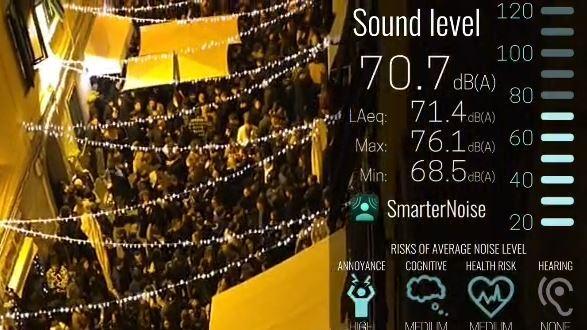 L'affollamento in via Cambini e una misurazione dei decibel