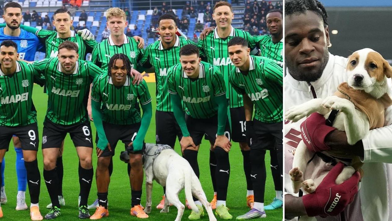 I cani Bonzo e Gino con i giocatori prima di Sassuolo-Torino